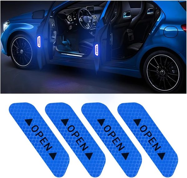 61IpycYK49L._AC_SL1200_ 4PCS Reflective Open Warning Stickers for Car Door, Night Visibility Auto Safety Decals, 3.6 Inch Anti-Collision Strip Tape, Universal for Truck, SUV, Van (Blue)