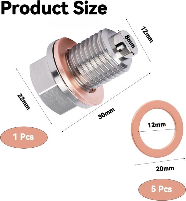 61MCHpdg-GL._AC_SL1500_ M12x1.5 Stainless Steel Magnetic Oil Drain Plug with 5 Copper Crush Washers, Leakproof Sump Plug with Screw Gasket for Car & Motorcycle Engines