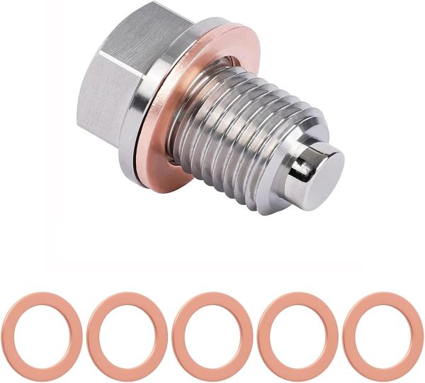61WWDbVR1BL._AC_SL1500_ M12x1.5 Stainless Steel Magnetic Oil Drain Plug with 5 Copper Crush Washers, Leakproof Sump Plug with Screw Gasket for Car & Motorcycle Engines
