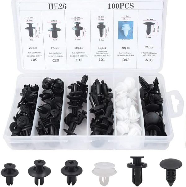 100 Pcs Car Plastic Mounting Clips, 6 Types Bumper Door Trim Rivets Set, Nylon Expansion Rivets Kit