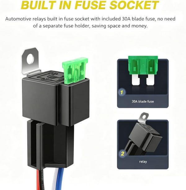 61vknKr1b0L._AC_SL1200_ 3pcs 12V Fuse Relay Switch, 12 AWG Harness Set with Built-in Diode, 30A ATO/ATC Blade Fuse, 4-Pin SPST Automotive Relay