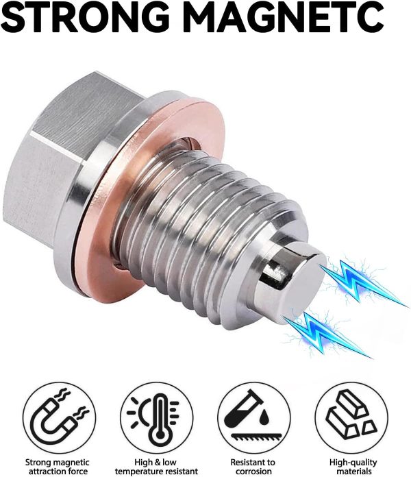 71E5Ja76dL._AC_SL1500_ M12x1.5 Stainless Steel Magnetic Oil Drain Plug with 5 Copper Crush Washers, Leakproof Sump Plug with Screw Gasket for Car & Motorcycle Engines